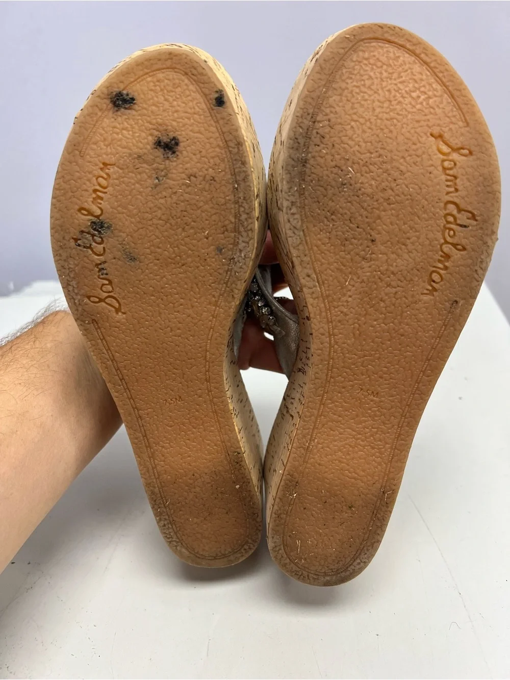 Sam Edelman Silver Jeweled Cork Wedge Thong Sandals Women’s 7.5